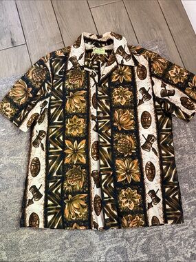 Vintage Ui Maikai Hawaiian Aloha Shirt Mens Size Floral Mask Drums Tiki